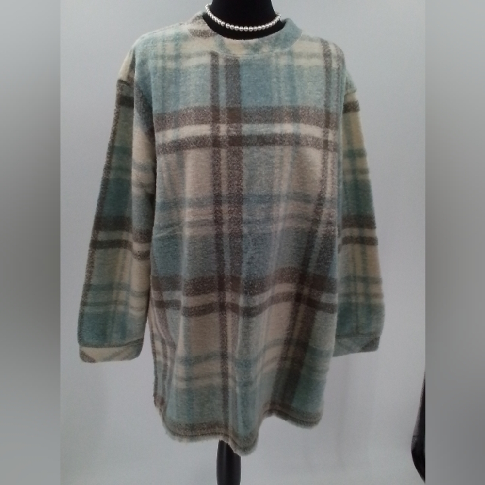 1990's WOOLRICH Blue / Cream Oversized PLAID Fleece Sweater Sz LG